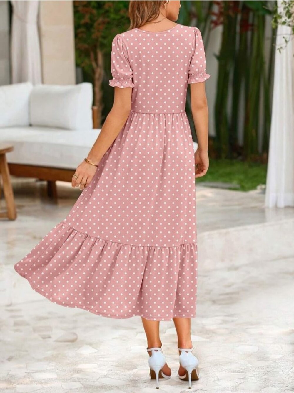 Zeagoo Women's Pink Dot Floral Flowy Casual Short Sleeve Tiered Midi Maxi Dress - Picture 6 of 6